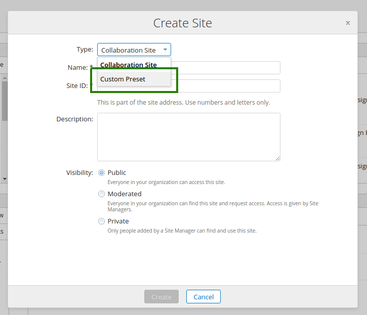 Customized create site dialog with additional preset