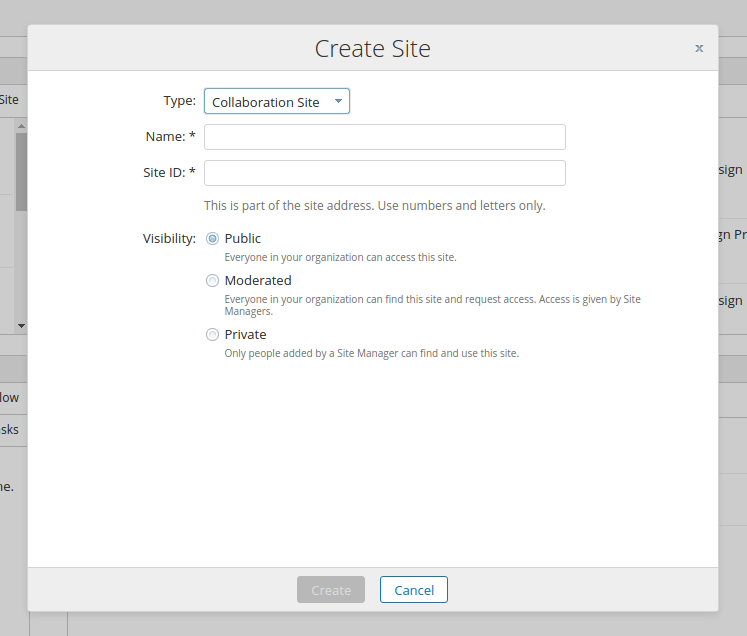 Create site dialog with the description field removed