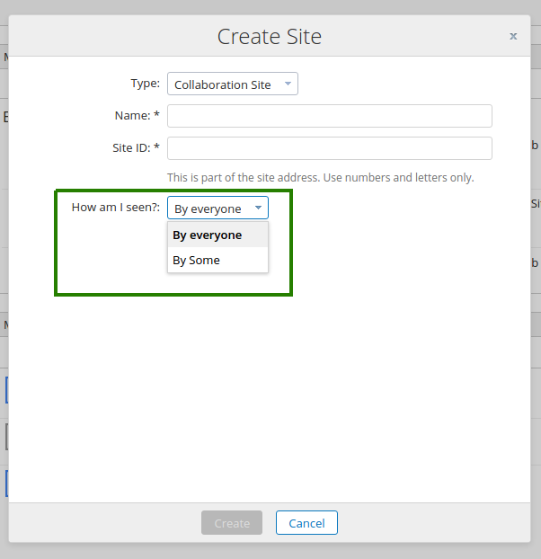 Create site dialog with a replaced field