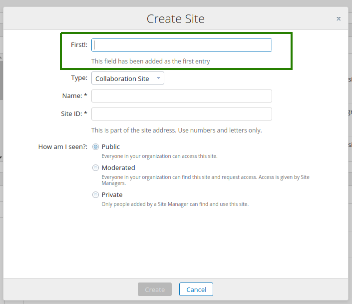 Create site dialog with a new field at the start of the dialog