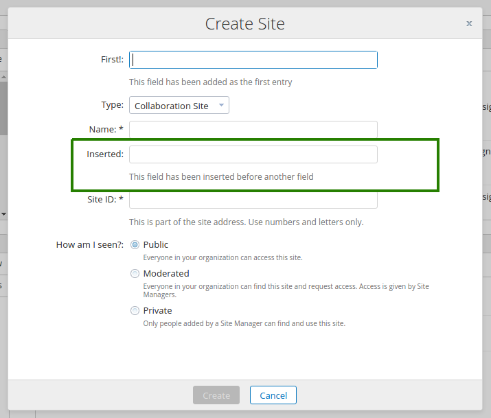Create site dialog with a new field inserted in the middle of the form